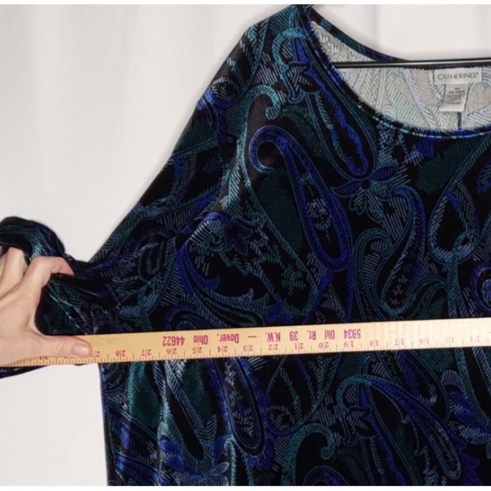 Catherines Paisley Velvet Top Women 26/28 Blue Black Stretch 3/4 Scoop Velour - Picture 5 of 8